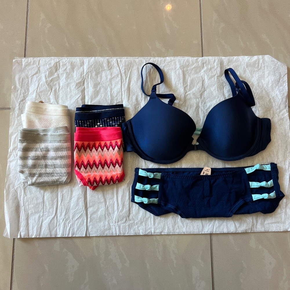 2720 PINK Victoria Secret 5 Panties XS & Bra 34C SET NWT